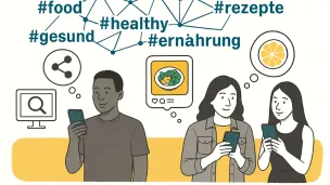 Illustration mit verschiedenen Hashtags und Personen am Smartphone