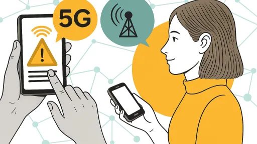 Links: Frau mit Telefon, Sprechblase, Funknetzturm; Links: Hand hält Handy, auf Display Warnsignal , Sprechblase 5G