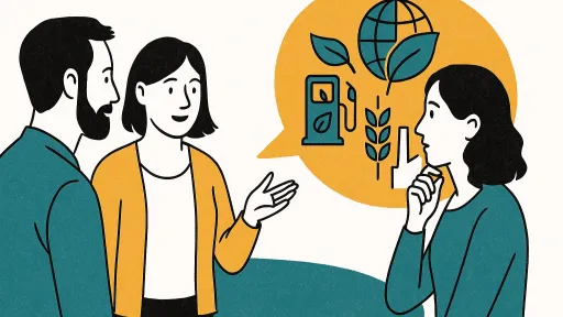 3 Menschen im Dialog, in Sprechvlase Symbole: Globus, Pflanzen, Treibstoff