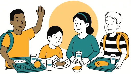 4 Kinder am Schulmittagstisch mit Tablets und Essen, sowie Getr&auml;nke vor sich stehen