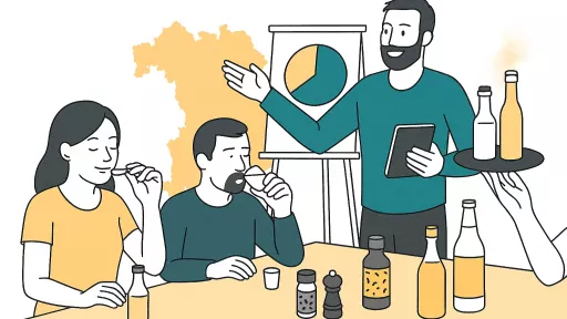 Zwei Persone sitzen am Tisch und trinken Wein bzw. essen etwas, auf dem Tisch stehen verschiedene Gewürze und Getränke, ein Mann steht vor einem Flipchart, im Hintergrund sieht man Umriss Bayern