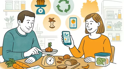 Zwei Personen am K&uuml;hchentisch,  Lebensmittelabf&auml;lle so wie Schalen und Reste auf Waage und Tisch, Frau h&auml;lt Handy mit App ge&ouml;ffnet, im Hintergrund Symbole wie Apfelgriebsch, Recycling, Diagramme
