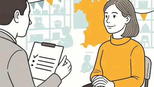 Frau sitzt Interviewpartner gegen&uuml;ber, Im Hintergrund Kindergarten und ein paar Kinder am Spielen, Umriss Bayern