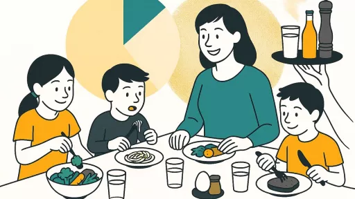 Kinder sitzen mit Erzieherin am Tisch, Sie tauschen sich über Essen aus und essen gemeinsam, man sieht Eier, Milch, Gemüse und Brot sowie Gewürze