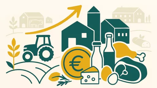 verschiedene Lebensmittel aus der Landwirtschaft, TRaktor und Geb&auml;ude im Hintergrund