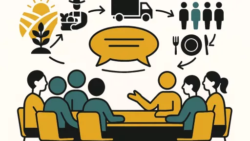 Gruppe von Menschen an Tisch, Symbole zur Wertssch&auml;tzungskette