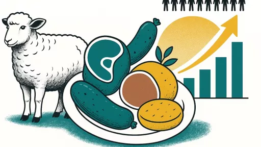 Zentrum: Teller mit verschiedenen Fleischprodukten, Links Schaf, Rechts Diagrmme