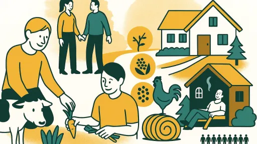 Szene vom Bauernhof, Tiere und Menschen interagieren, viele entspannen sich